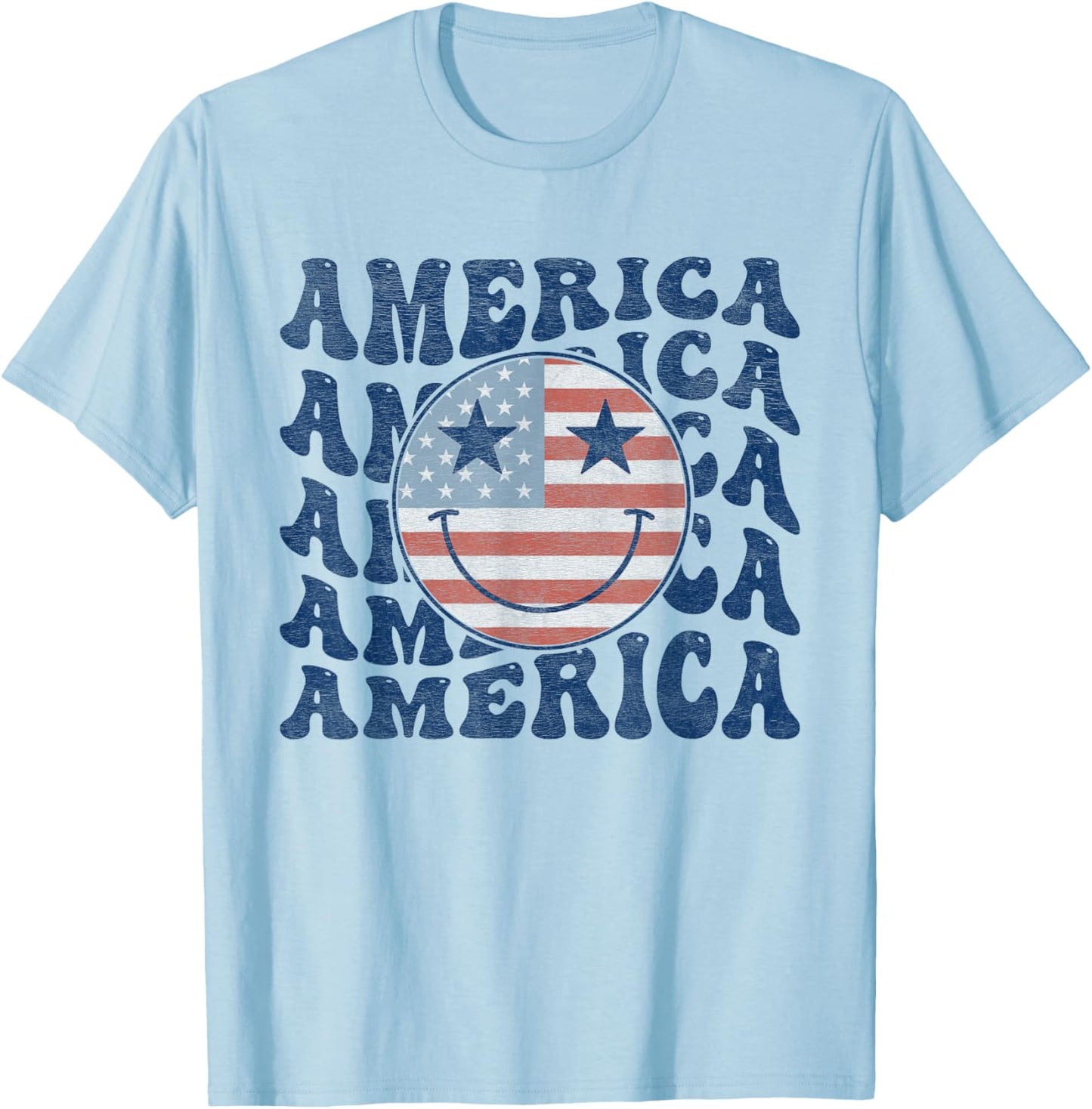 Retro Groovy America USA Smile Face Patriotic 4th of July T-Shirt - T-Shirt | Light Blue