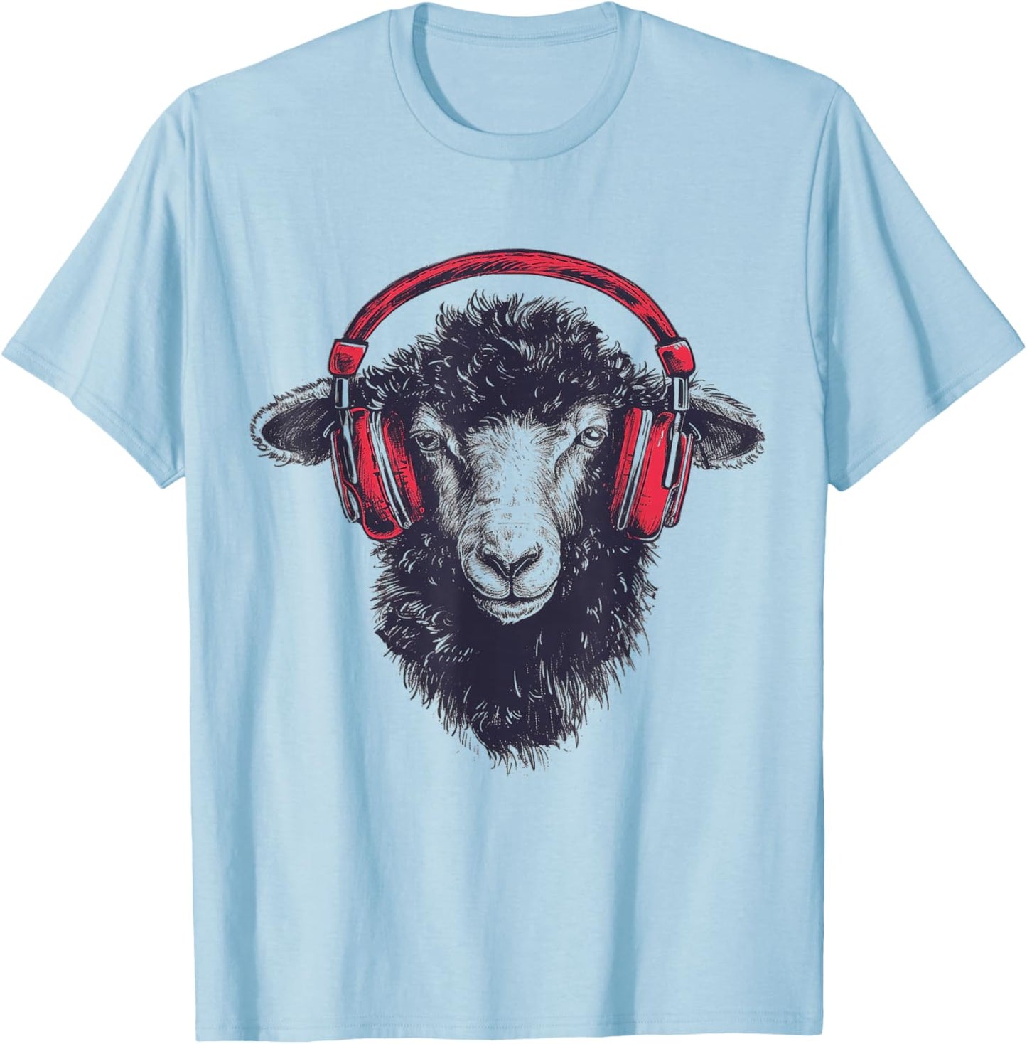 Sheep Headphone Animal Illustration Portrait Art Sheep T-Shirt - T-Shirt | Light Blue