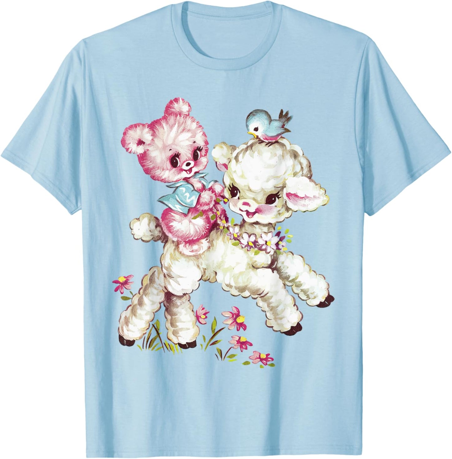 Vintage Easter Cute Lamb Bear Spring Flowers Retro Vintage T-Shirt - T-Shirt | Light Blue