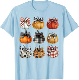 Coquette Bow Pumpkin Season Thanksgiving Autumn Fall Leaves T-Shirt - T-Shirt | Light Blue