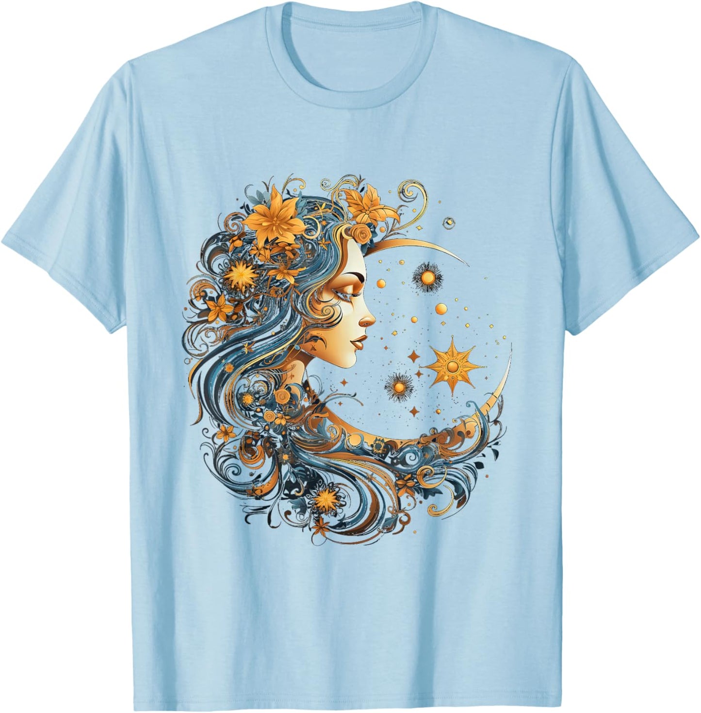 Mystical Sun and Moon with Woman Mystical Flowers Aesthetic T-Shirt - T-Shirt | Light Blue