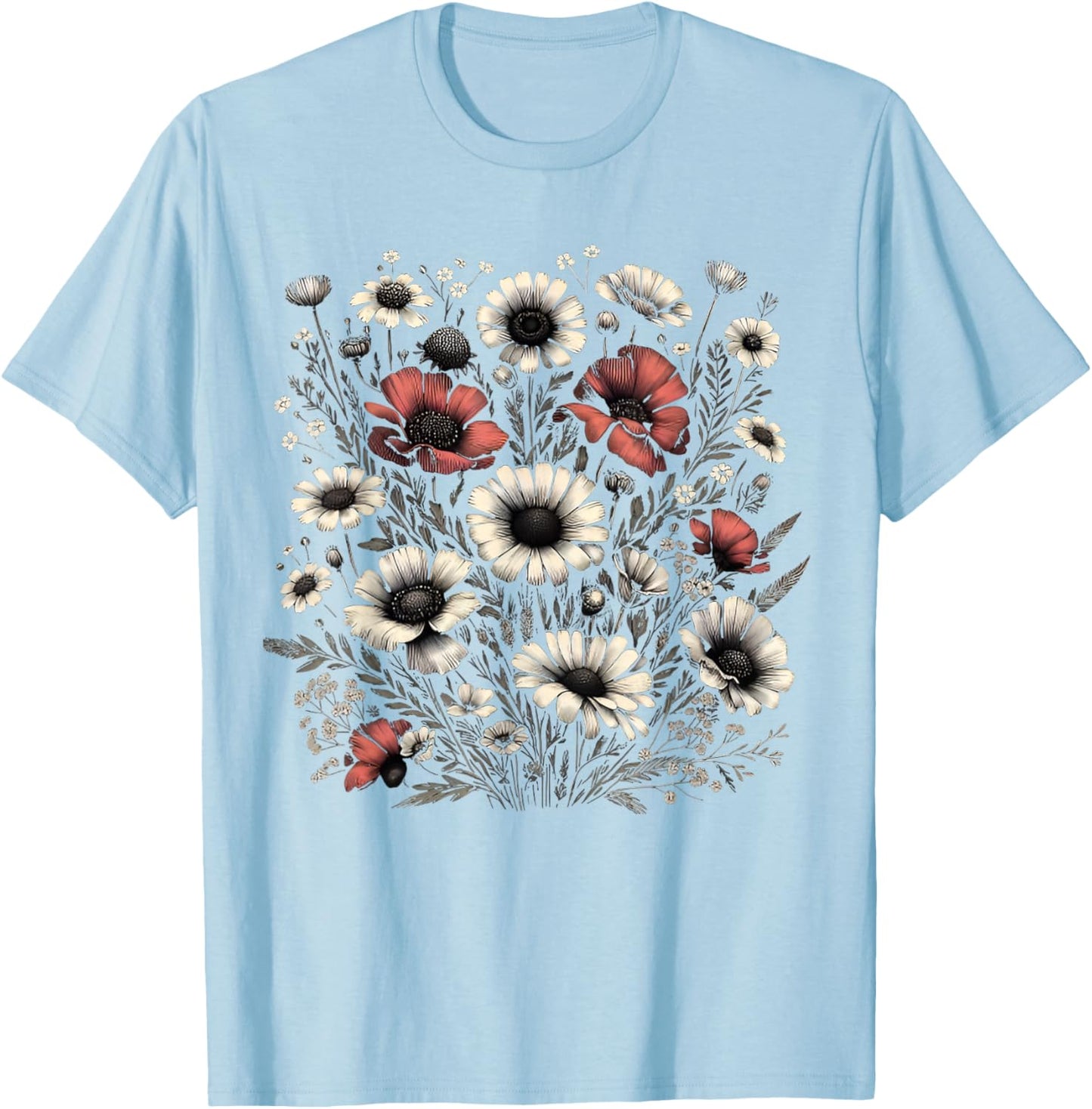 Vintage Flowers Women Wildflower Graphic Floral Gardening T-Shirt - T-Shirt | Light Blue
