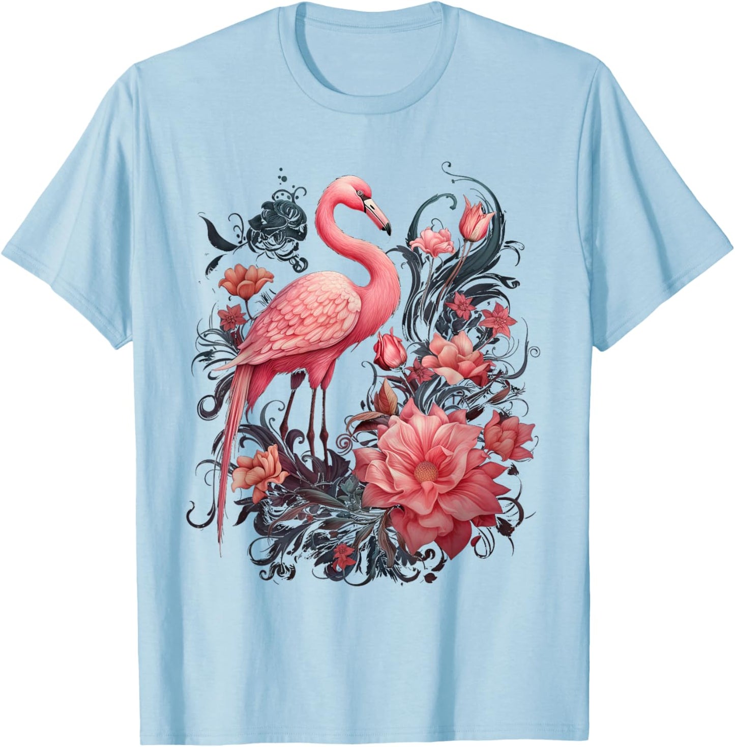 Flamingo and Flowers Floral Flamingos pink T-Shirt - T-Shirt | Light Blue