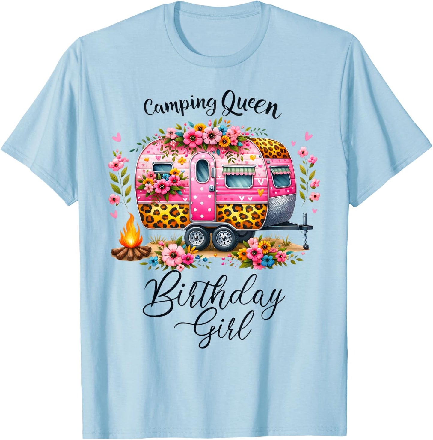 Birthday Camping Queen Camp Pink Floral Van Birthday Girl T-Shirt - T-Shirt | Light Blue