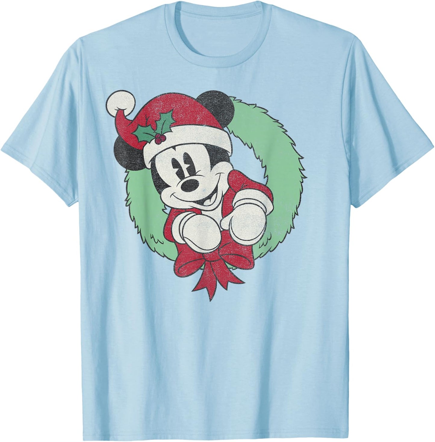Disney Mickey Mouse Christmas Wreath Santa Hat Portrait T-Shirt - T-Shirt | Light Blue
