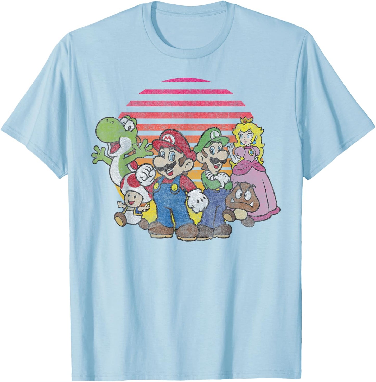 Super Mario Bros Vintage Nintendo Retro Sunset Group Shot T-Shirt - T-Shirt | Light Blue