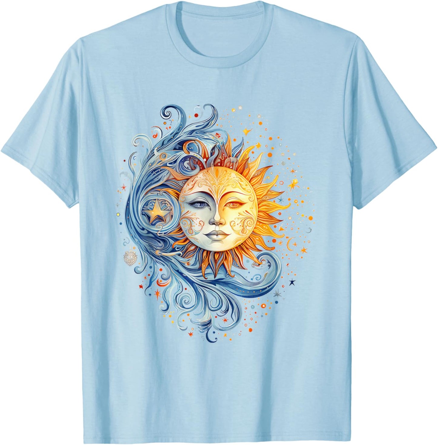 Mystical Sun and Moon with Woman Mystical Flowers Aesthetic T-Shirt - T-Shirt | Light Blue