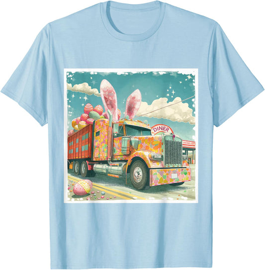 Semi Truck Lover's Easter Bunny, Retro Art T-Shirt - T-Shirt | Light Blue