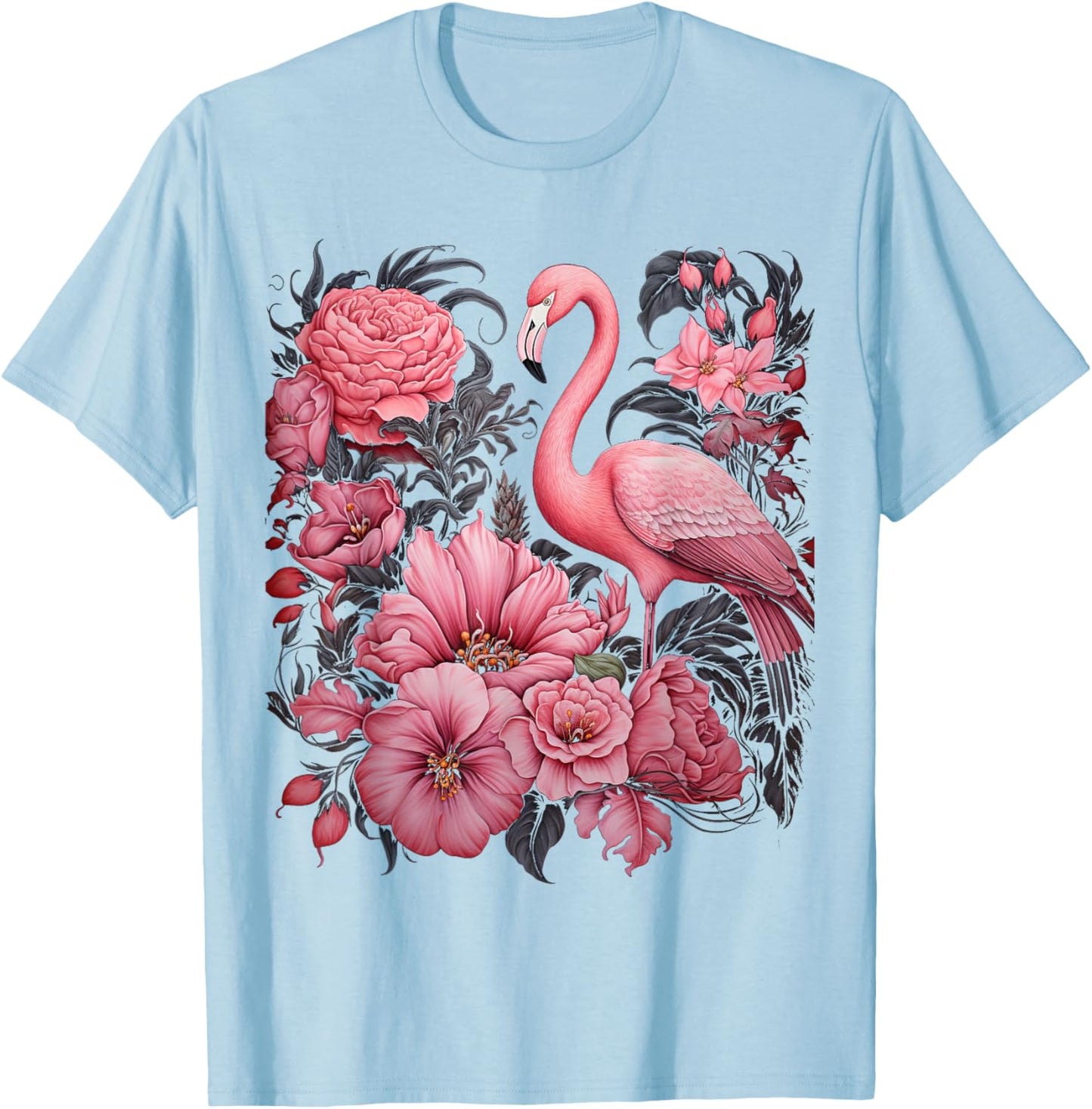 Flamingo and Flowers Floral Flamingos pink T-Shirt - T-Shirt | Light Blue