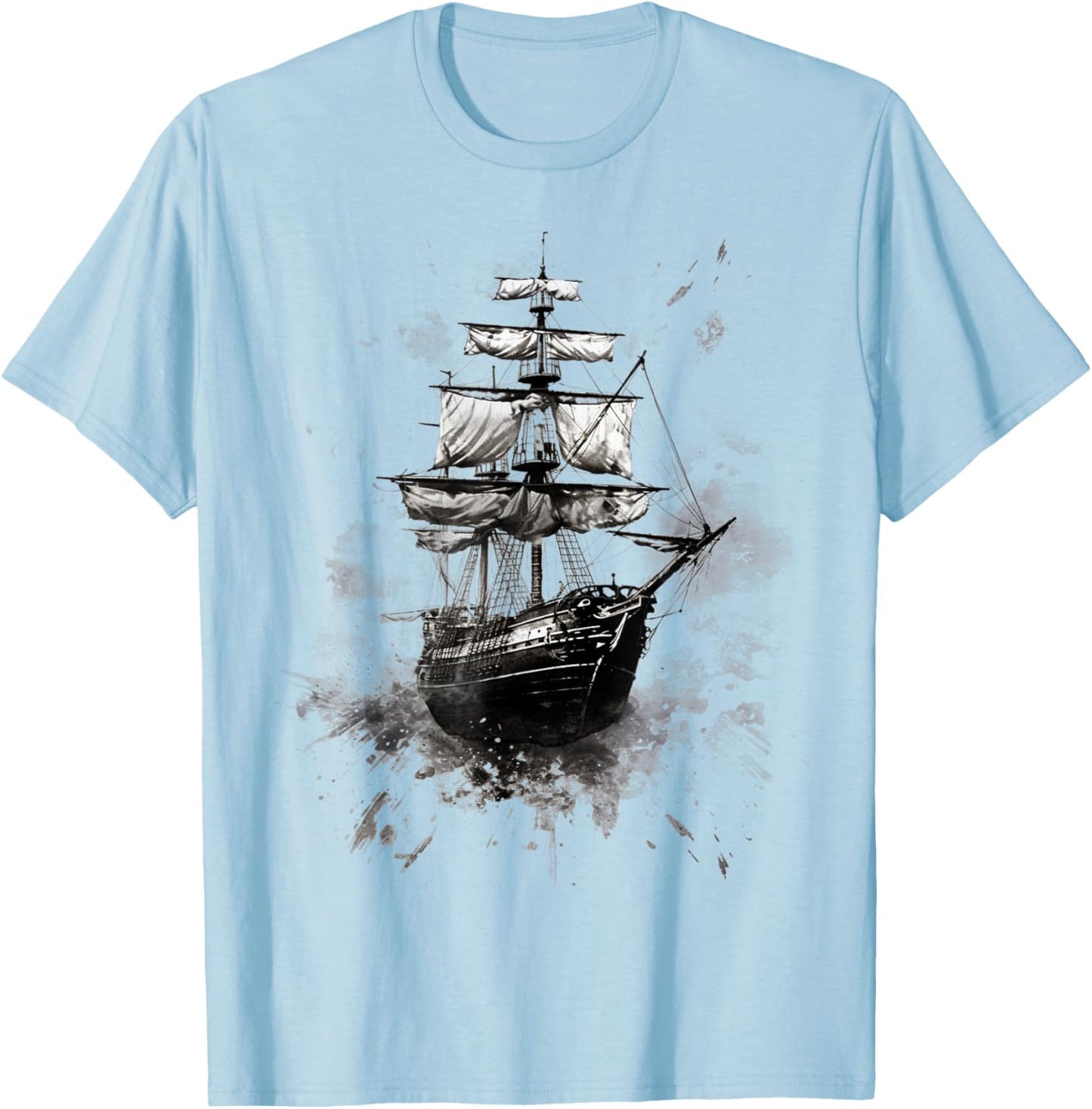 Pirate Ship Sailing Grunge Hand Painted Pirate Ship T-Shirt - T-Shirt | Light Blue