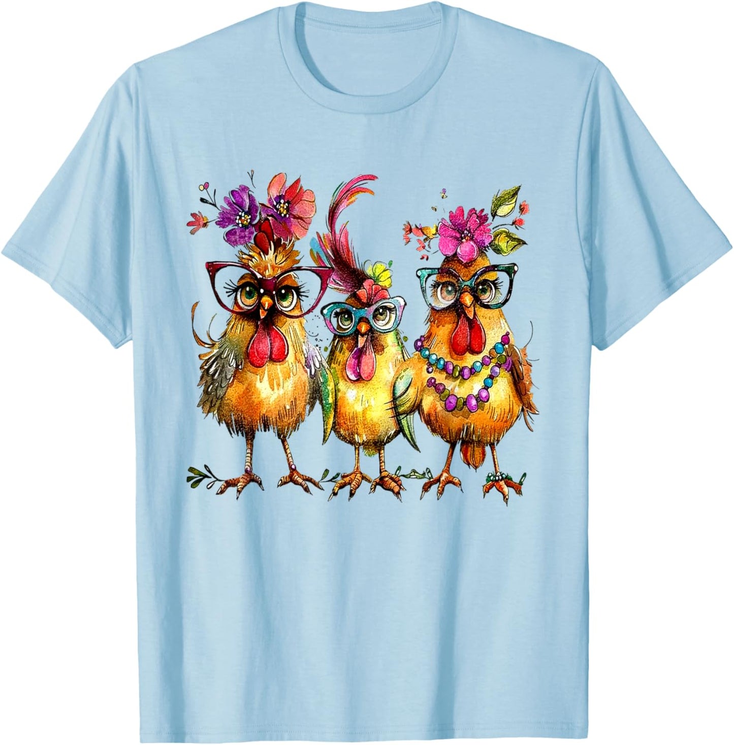 PeachBruh Funny Trio Of Chickens Whimsical Hawaii Beach Art T-Shirt - T-Shirt | Light Blue
