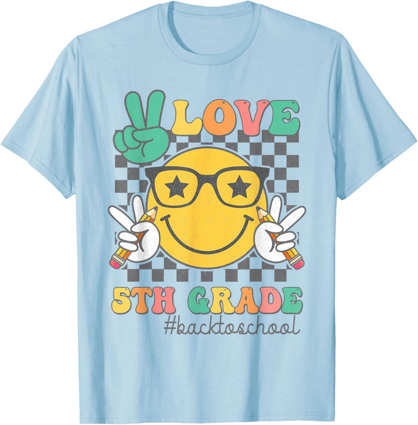 Peace Love 5th Grade Cute Smile Face Back to School Girls T-Shirt - T-Shirt | Light Blue