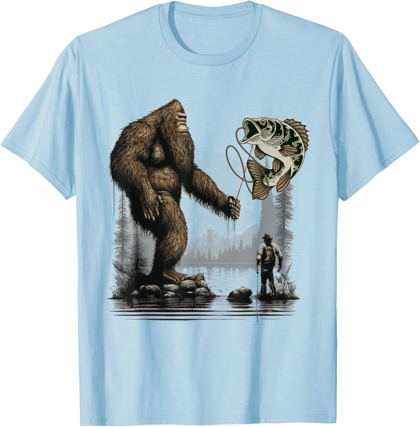 Bigfoot Fishing Funny Sasquatch Fish T-Shirt - T-Shirt | Light Blue