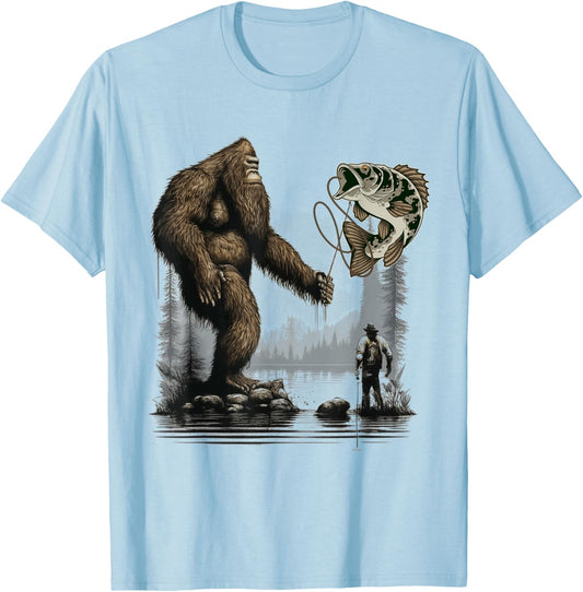 Bigfoot Fishing Funny Sasquatch Fish T-Shirt - T-Shirt | Light Blue