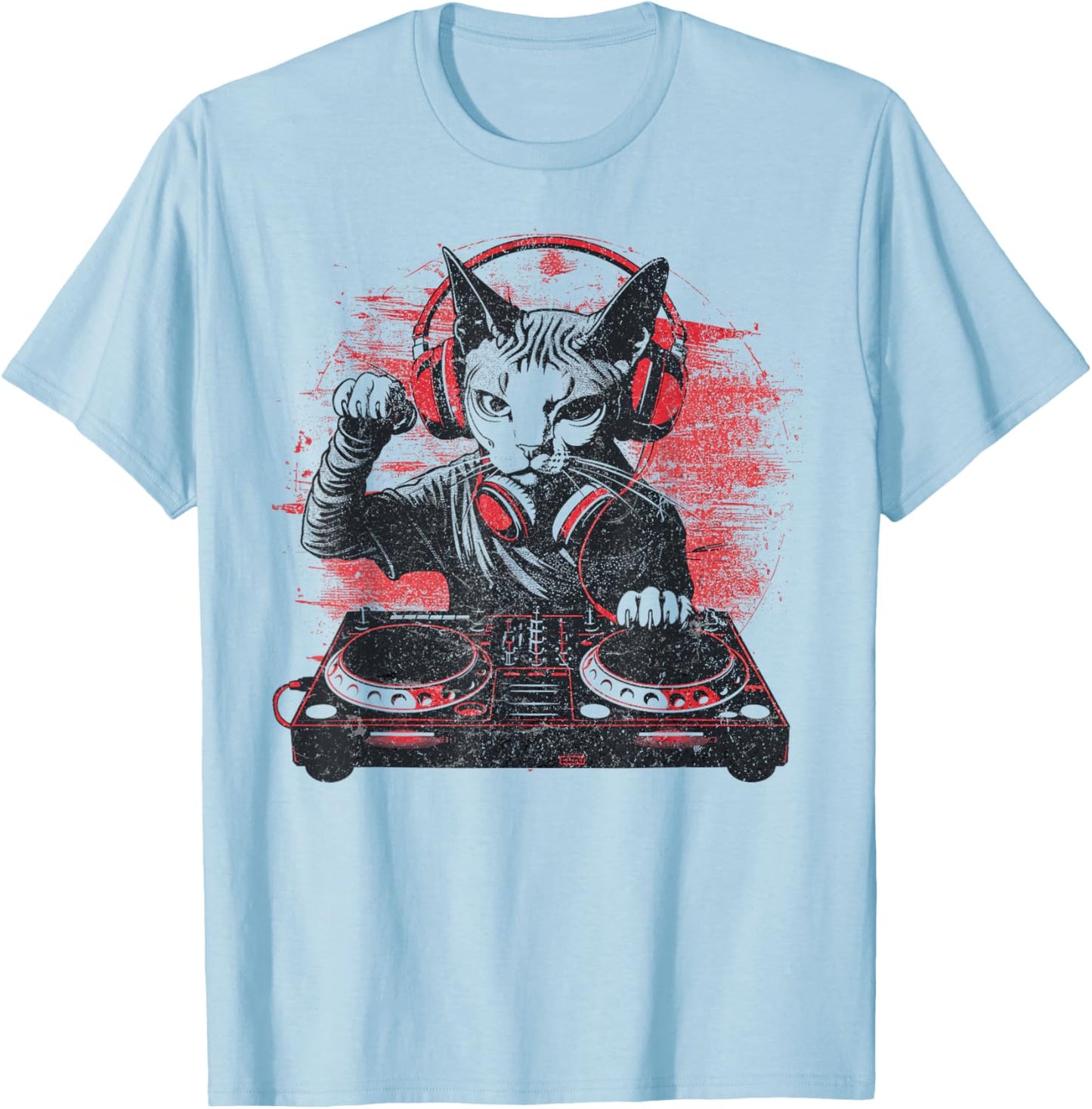 Funny Retro House DJ Sphynx Cat Disco Headphone Tech Sound T-Shirt - T-Shirt | Light Blue