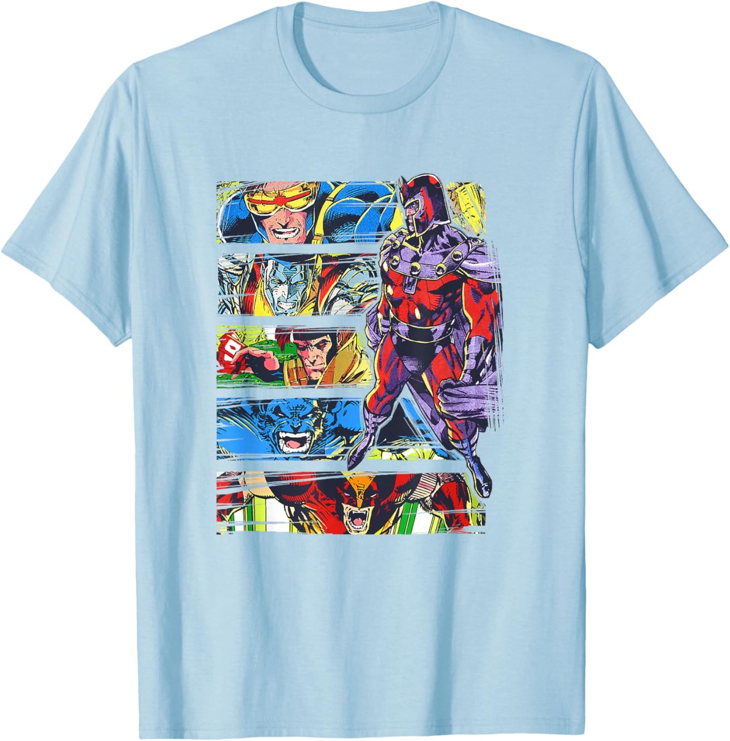 Marvel X-Men Magneto Watching Over Heroes Retro Panels T-Shirt - T-Shirt | Light Blue