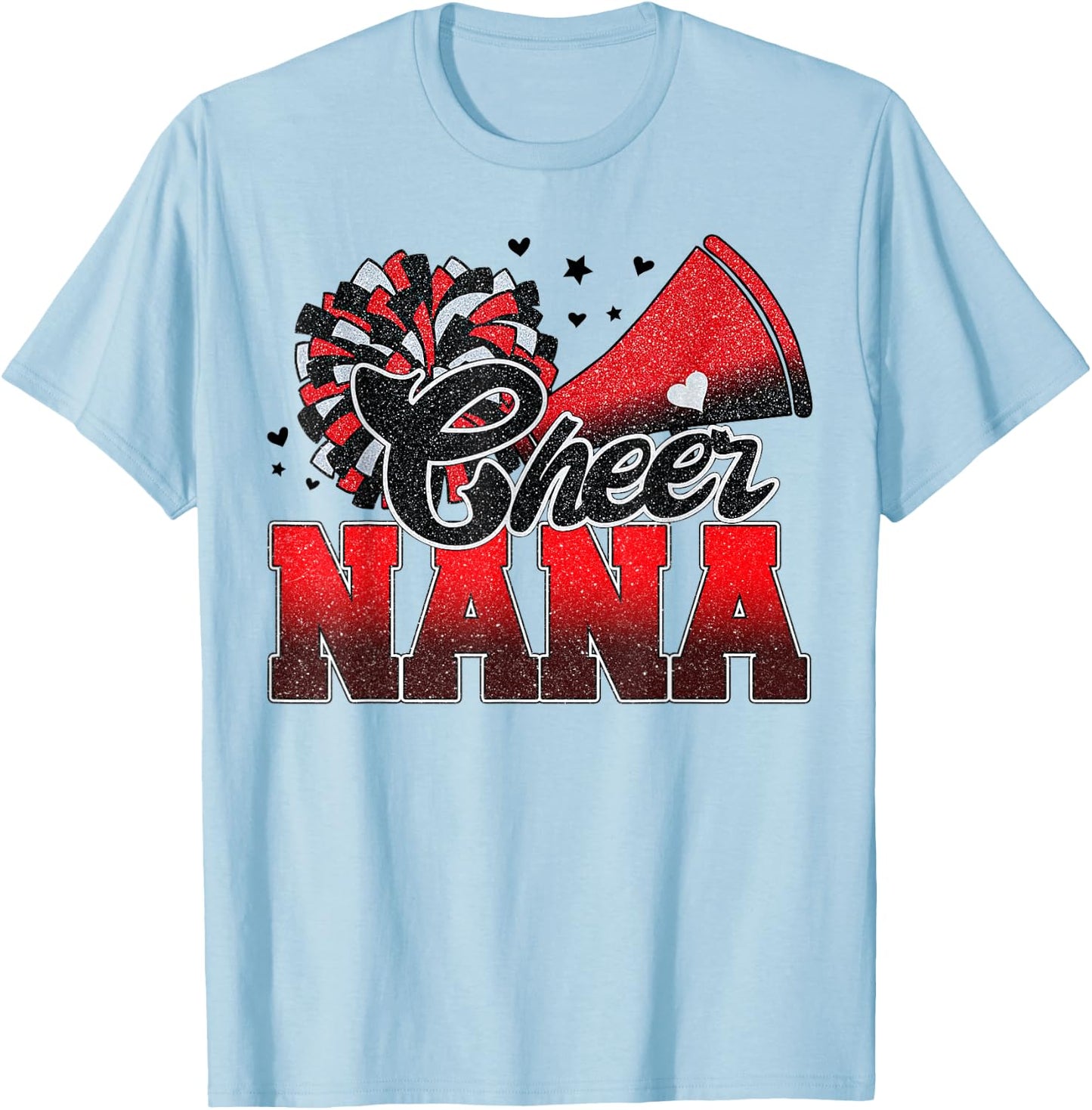 Cheer Nana Cheer Leader Gift Biggest Fan Black Red Pom Pom T-Shirt - T-Shirt | Light Blue