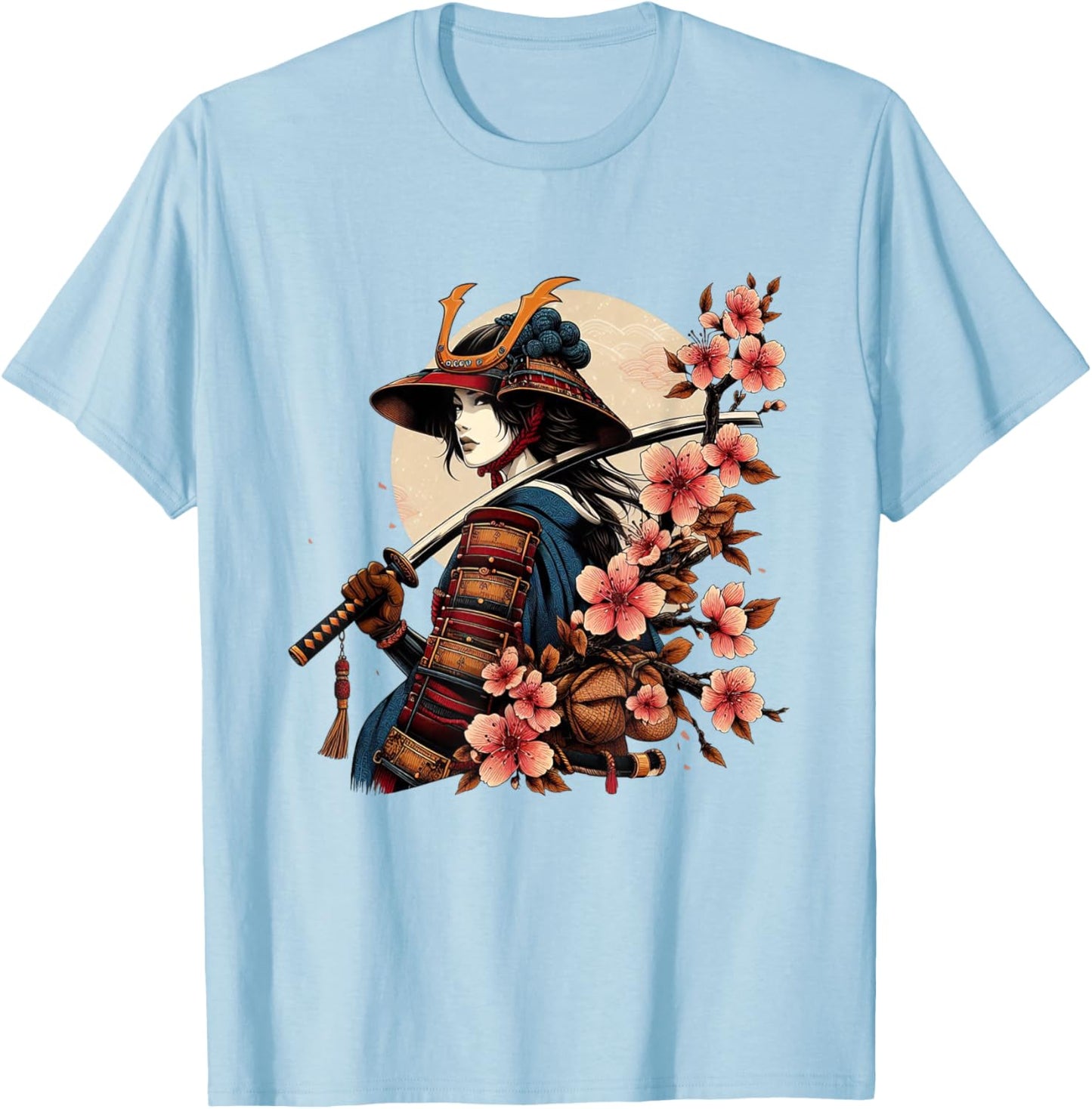 Samurai Girl Japanese Aesthetic Sakura Cherry Blossom Art T-Shirt - T-Shirt | Light Blue