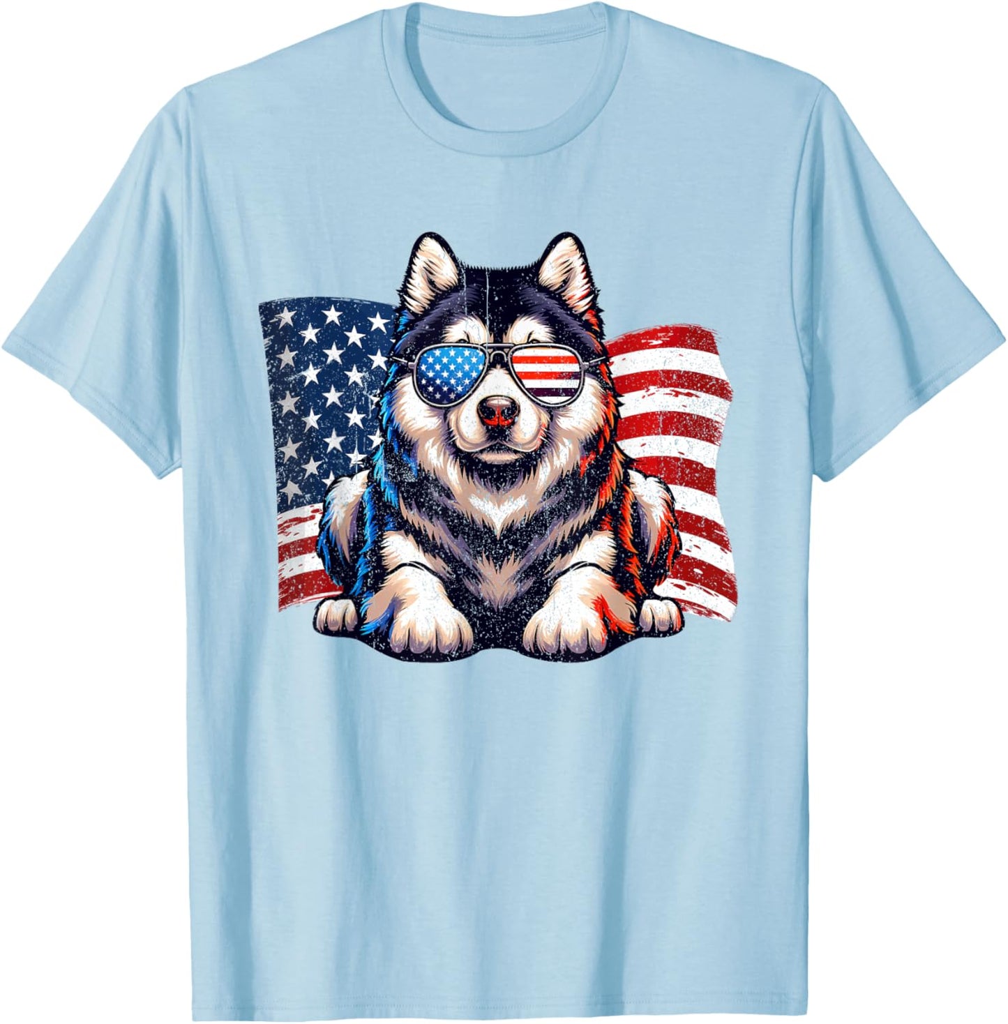 Vintage Alaskan Malamute American Flag Sunglasses Patriotic T-Shirt - T-Shirt | Light Blue