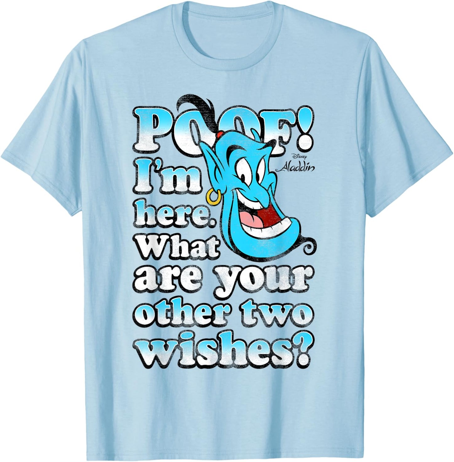 Disney Aladdin Genie Poof! 2 Wishes Gradient Text Portrait T-Shirt - T-Shirt | Light Blue