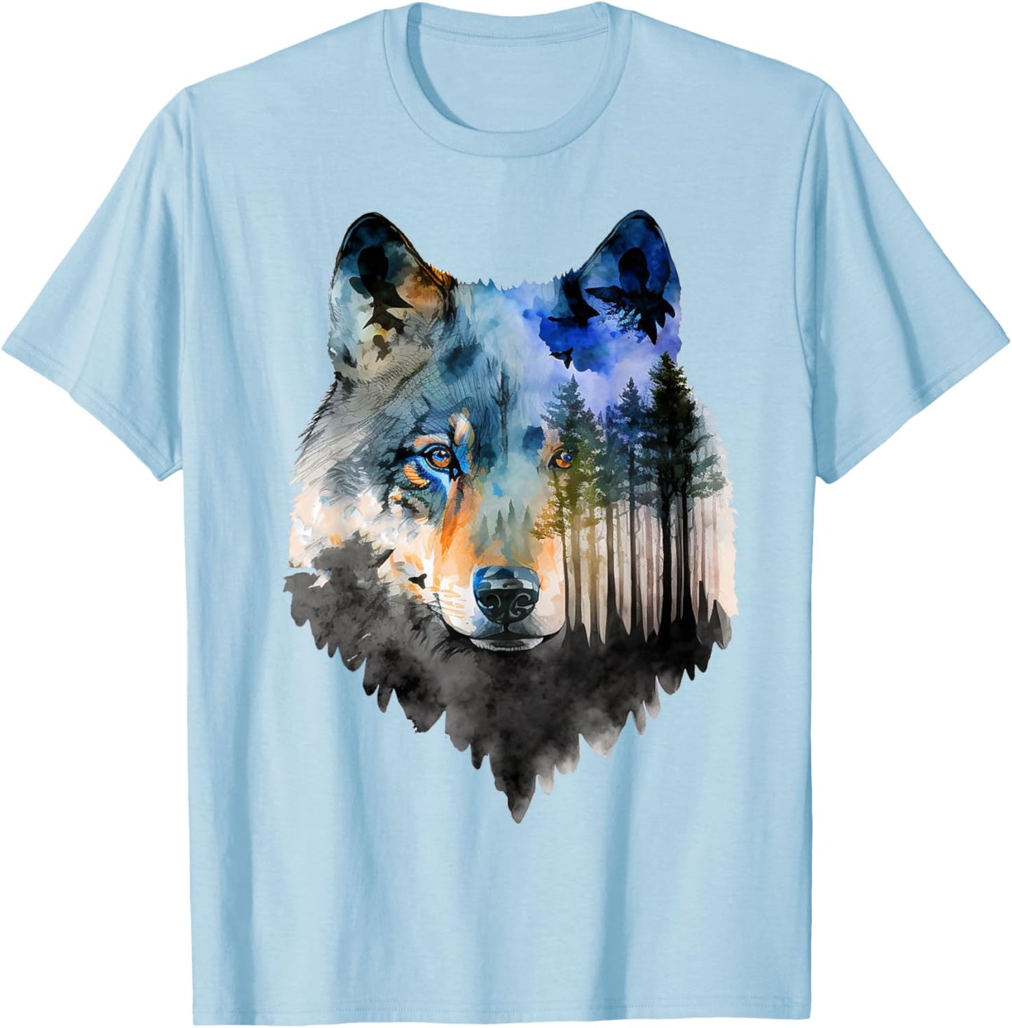 Wolf Forest Landscape Animal Face Art Animal Lover Wolf T-Shirt - T-Shirt | Light Blue
