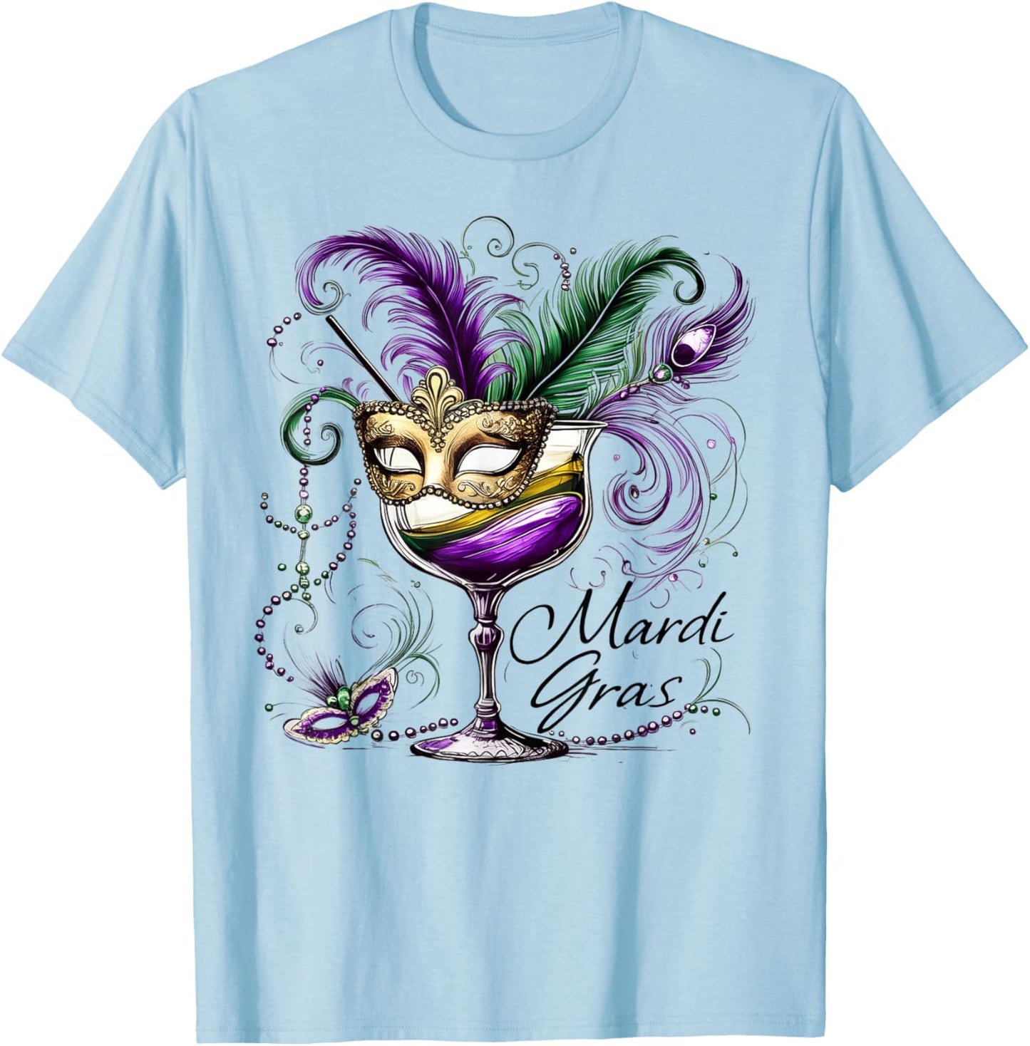 Mardi Gras Glass Of Wine Drinking Team Masked Wine Festival T-Shirt - T-Shirt | Light Blue