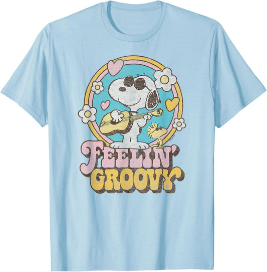 Peanuts - Feelin' Groovy Snoopy and Woodstock T-Shirt - T-Shirt | Light Blue