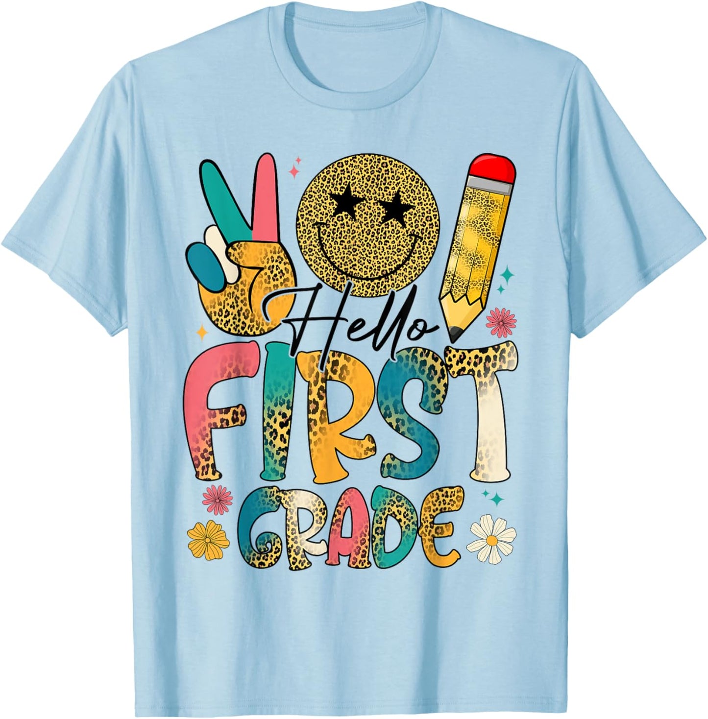 Retro Hello First Grade Tie Dye Leopard Back To School Kids T-Shirt - T-Shirt | Light Blue