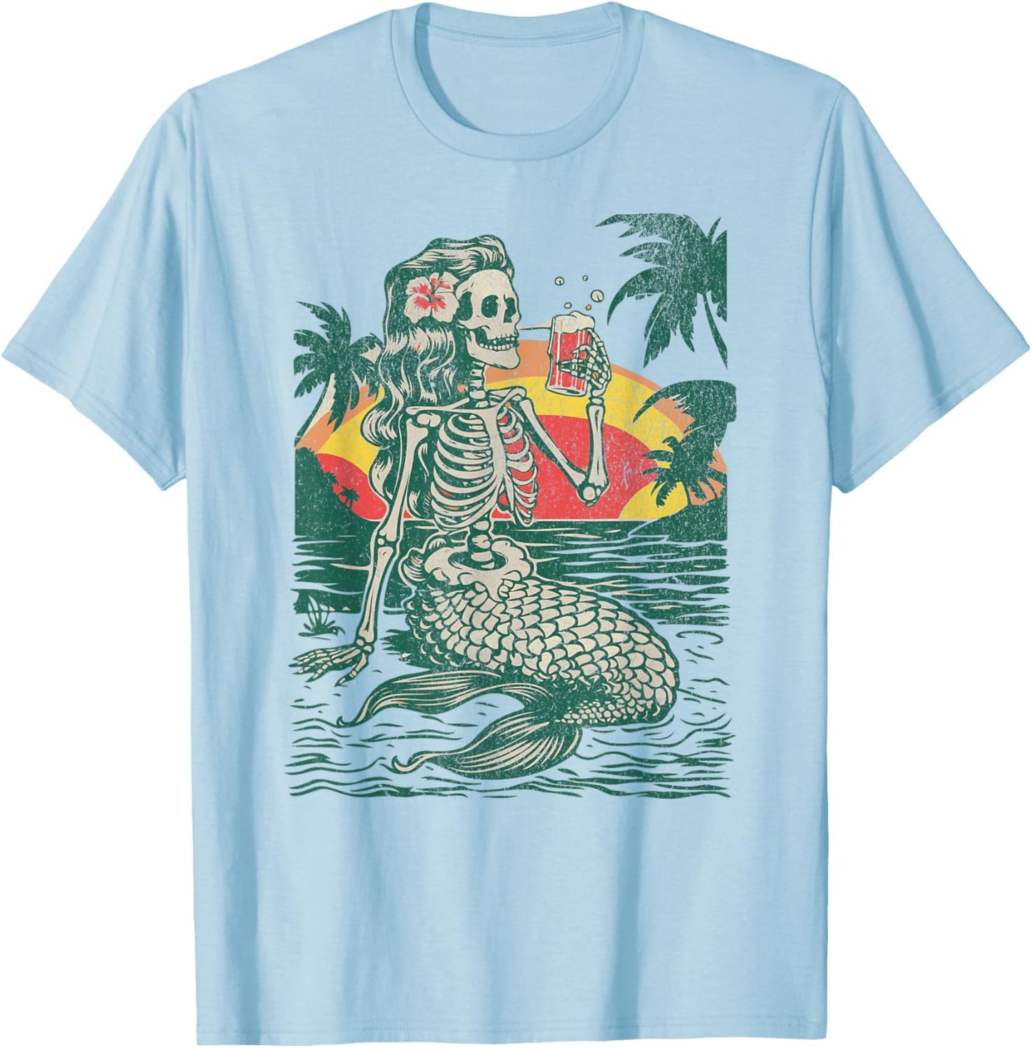 Skeleton Mermaid Drinking at Sunset Retro T-Shirt - T-Shirt | Light Blue