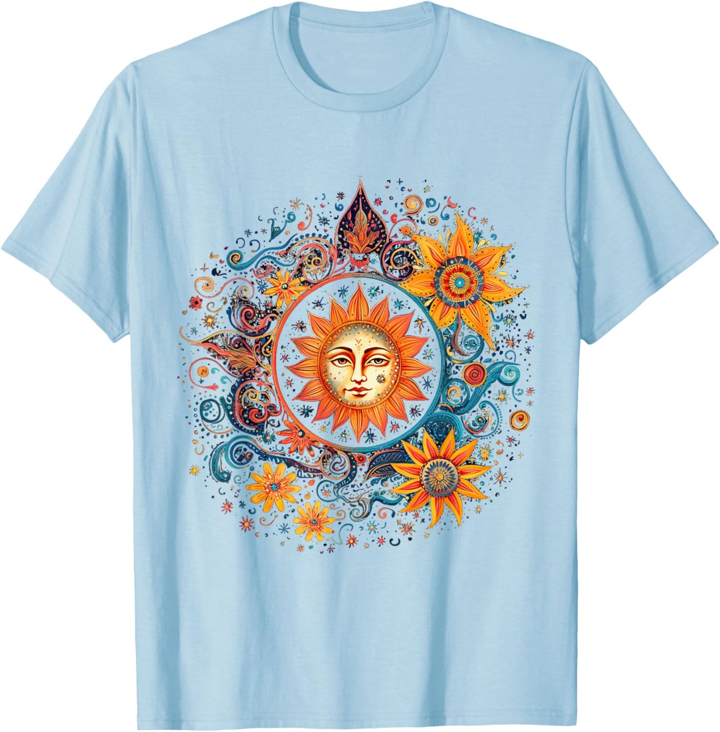 Mystic Sun and Moon Woman Mystical Flowers Aesthetic T-Shirt - T-Shirt | Light Blue