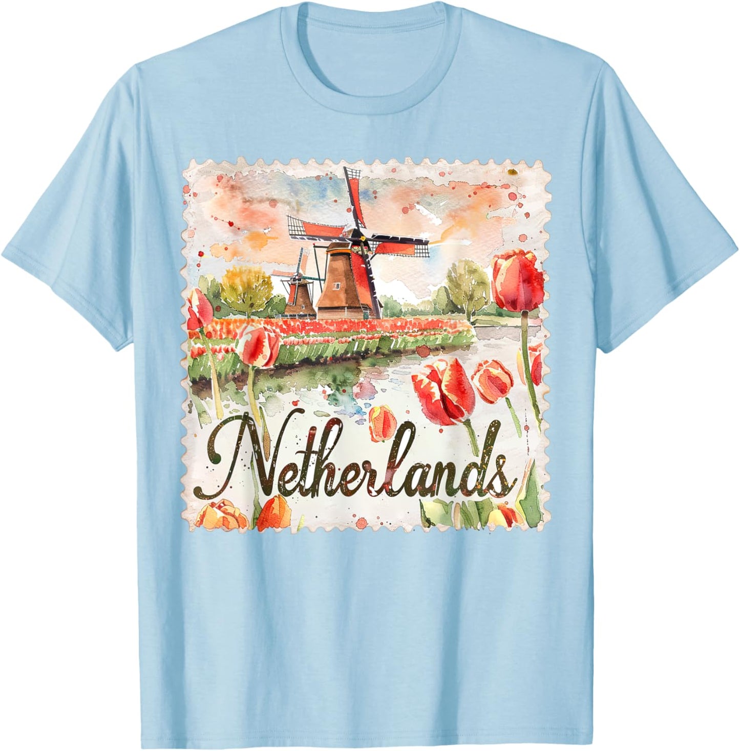 Netherlands Watercolor Windmill Tulips Travel Souvenir T-Shirt - T-Shirt | Light Blue
