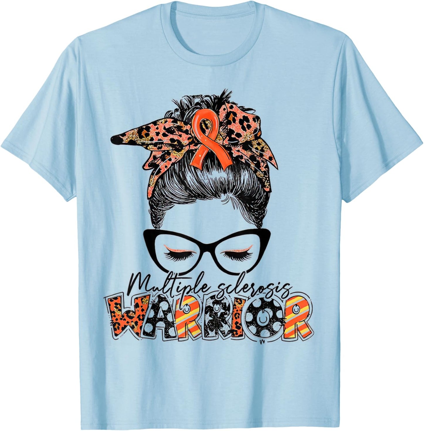 Messy Bun Leopard Multiple Sclerosis Awareness Mom T-Shirt - T-Shirt | Light Blue