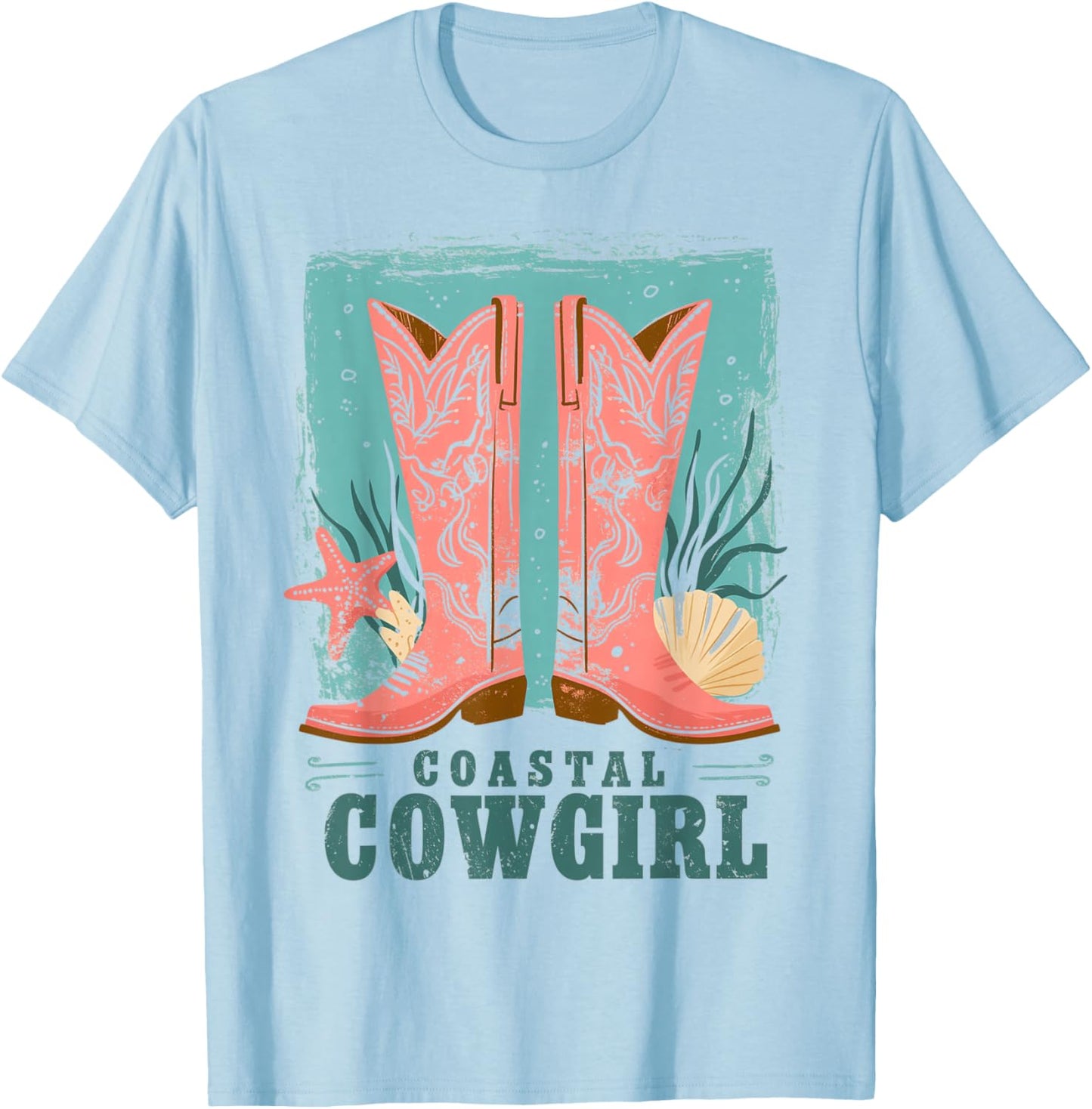 Coastal Cowgirl | Western Country Beach Surfer Girl Cowboy T-Shirt - T-Shirt | Light Blue