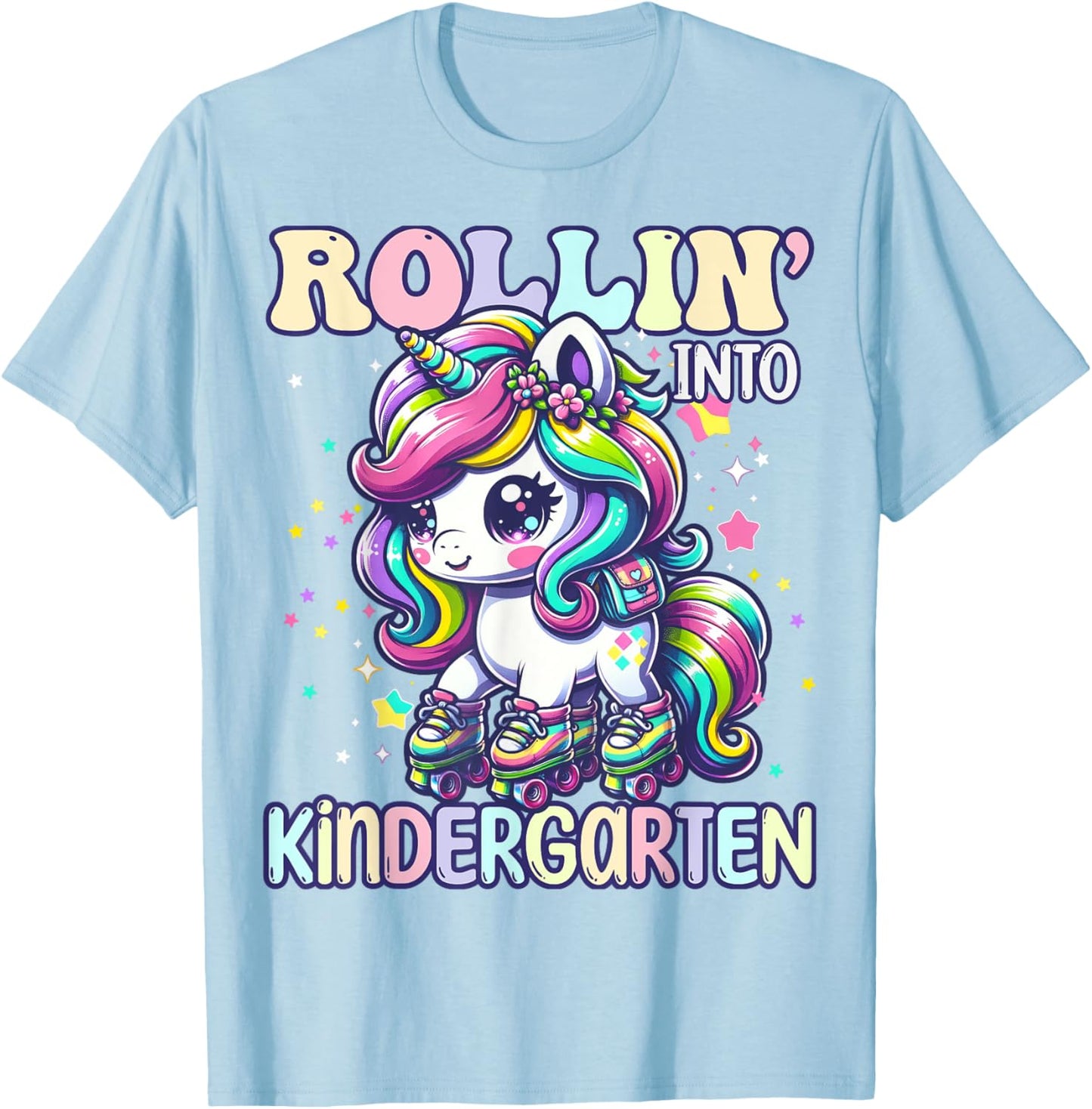 Kindergarten Back To School First Day Girls Rollin Unicorn T-Shirt - T-Shirt | Light Blue