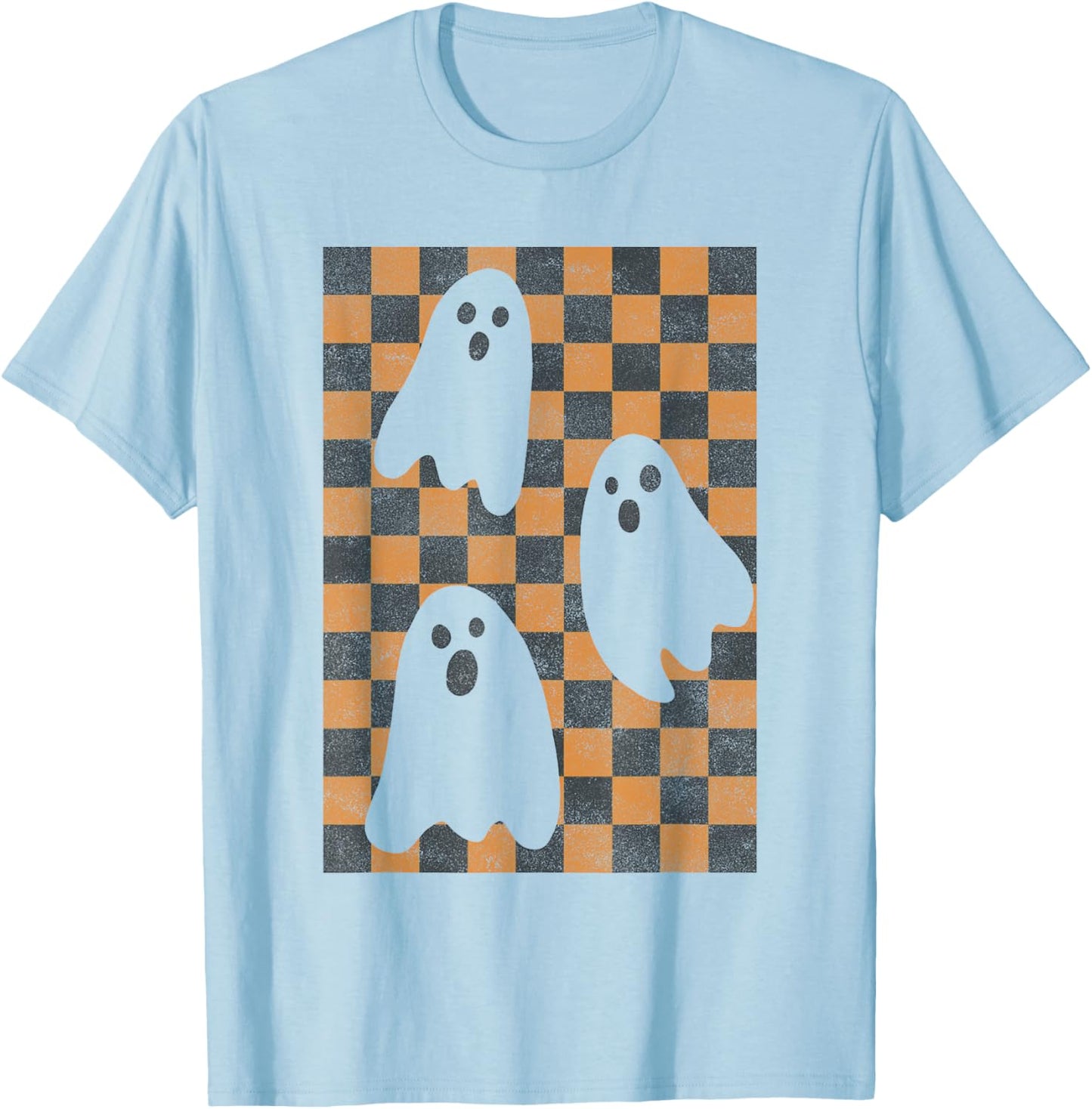 Halloween Ghosts Spooky Season Checker Board Distressed T-Shirt - T-Shirt | Light Blue