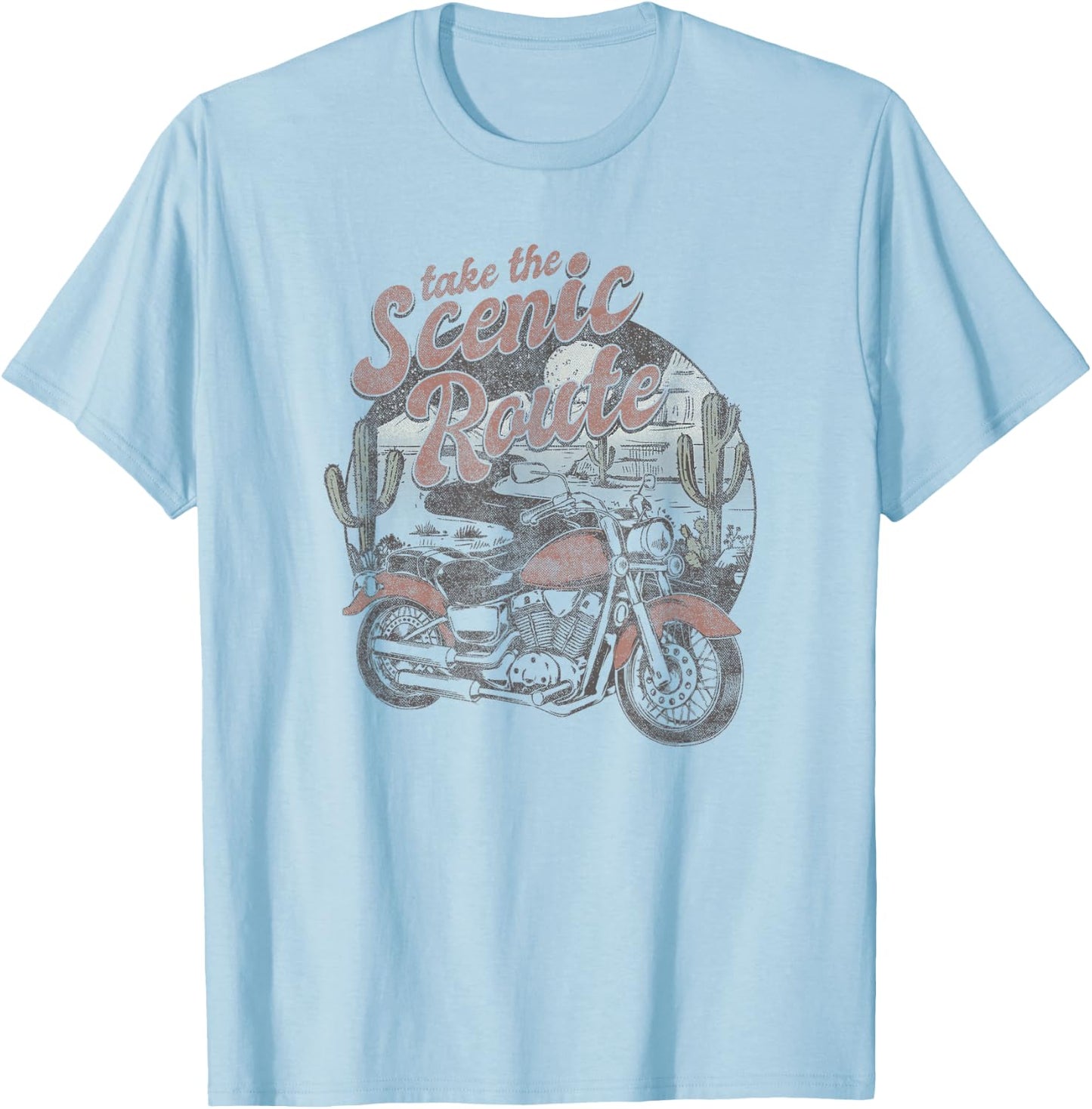 Trendy Take the Scenic Route Vintage Motorcycle T-Shirt - T-Shirt | Light Blue