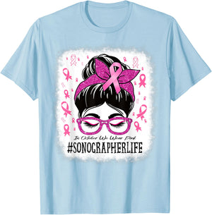 Sonographer In October We Wear Pink Breast Cancer Awareness T-Shirt - T-Shirt | Light Blue