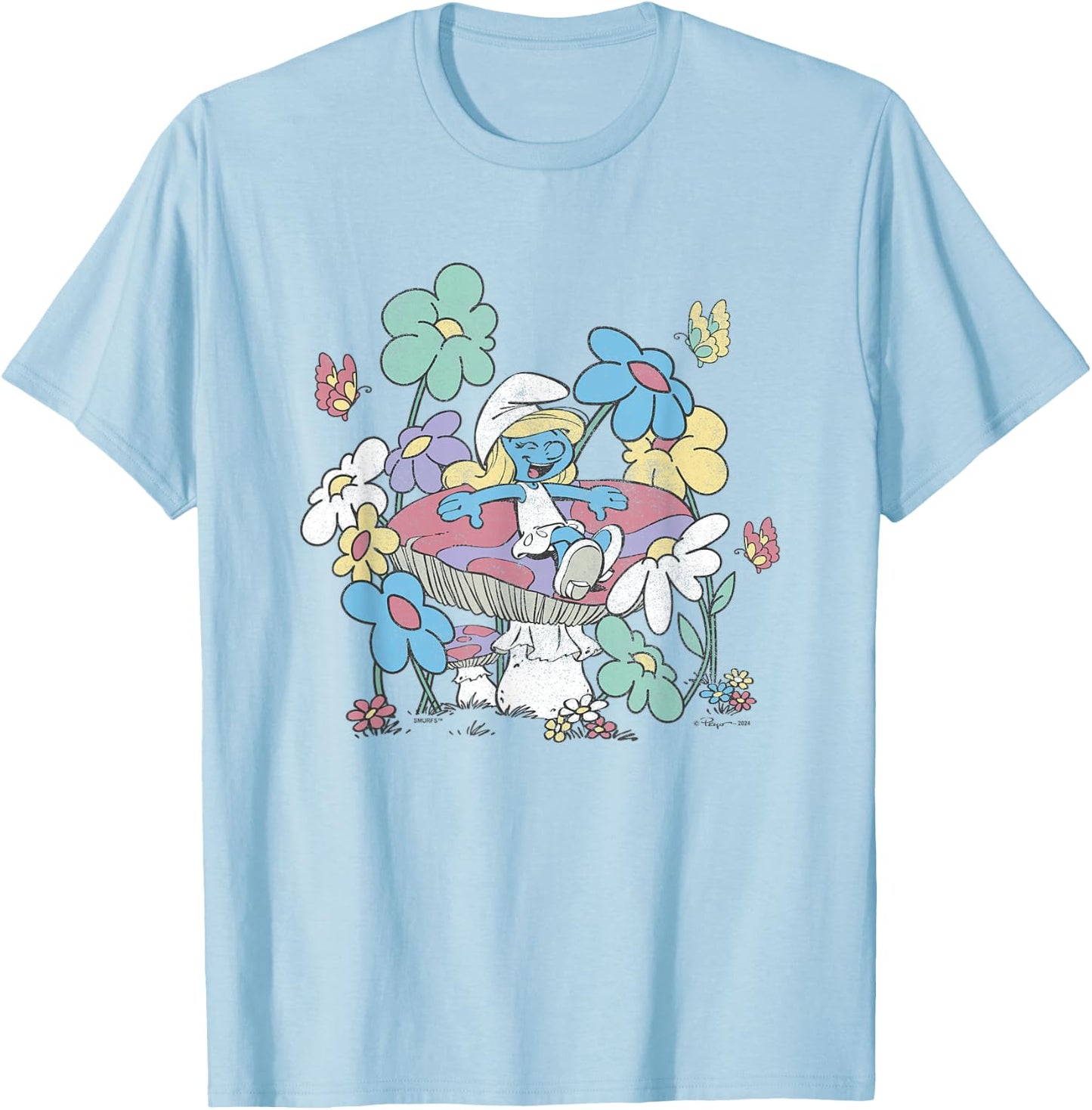 The Smurfs Smurfette Having Fun In Nature Distressed T-Shirt - T-Shirt | Light Blue