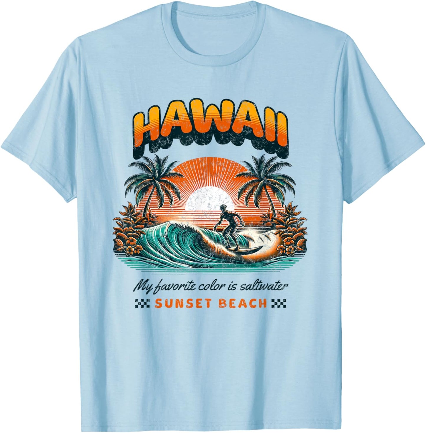 Surf rétro à Hawaï au coucher du soleil T-Shirt - T-Shirt | Light Blue