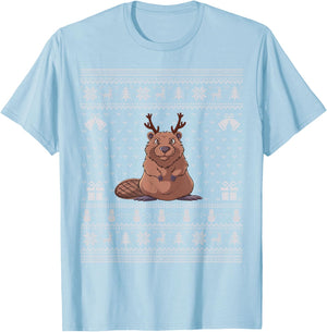 Ugly Xmas Sweater Style Beaver Reindeer Christmas T-Shirt - T-Shirt | Light Blue
