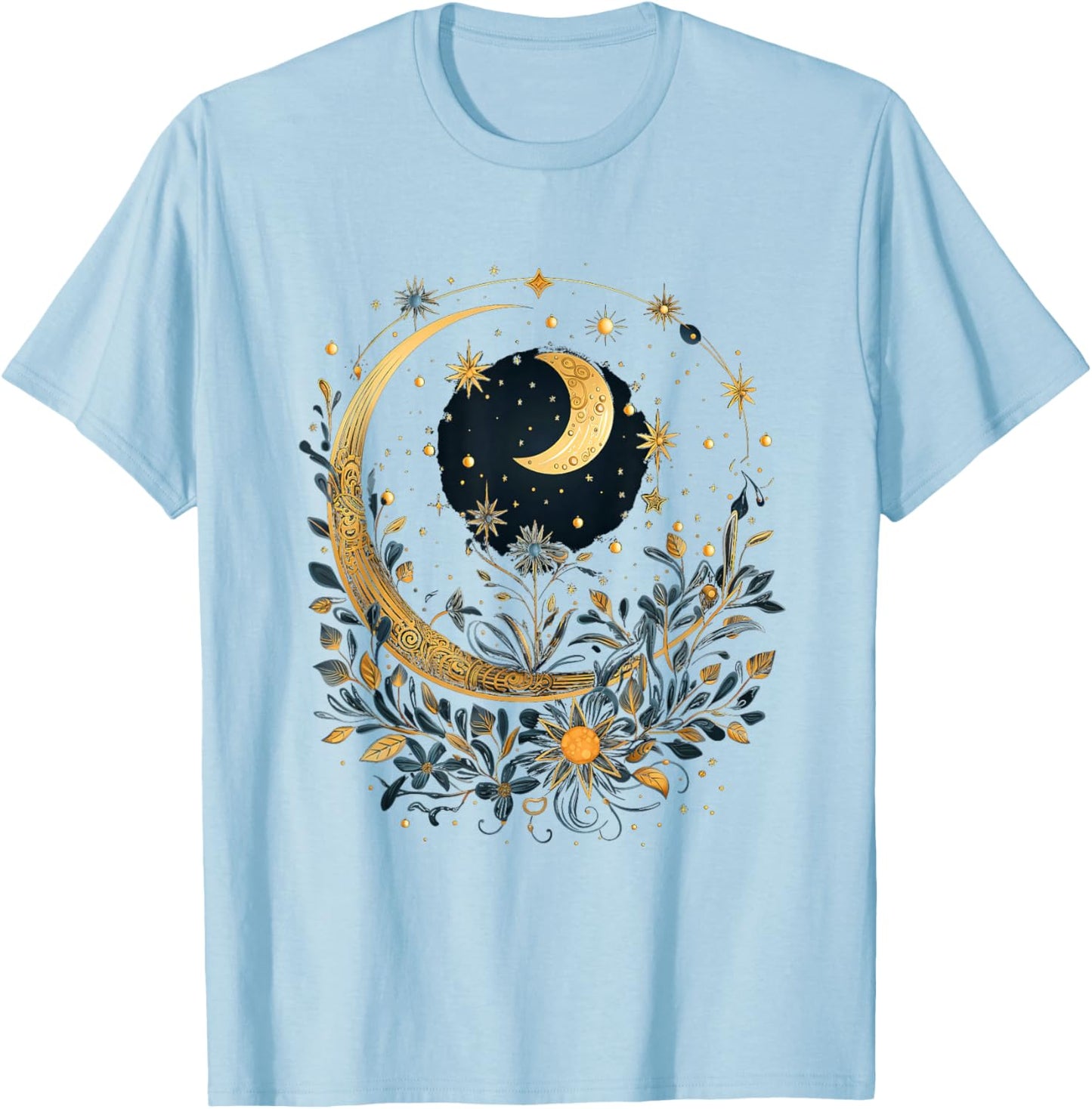 Mystical Sun and Moon with Woman Mystical Flowers Aesthetic T-Shirt - T-Shirt | Light Blue