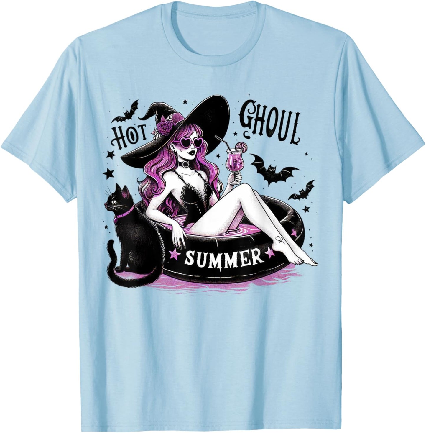 Funny Halloween Witch Hot Ghoul Summer Witchy Cat T-Shirt - T-Shirt | Light Blue