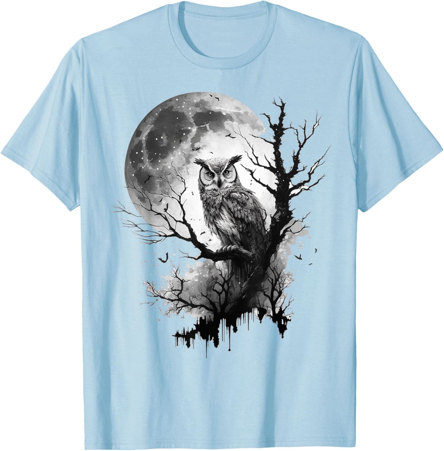 Owl Moon Tree Animal Print Art Animal Lover Owl T-Shirt - T-Shirt | Light Blue