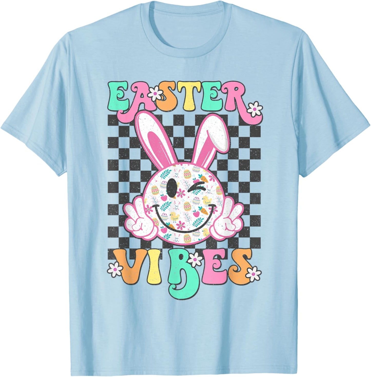 Retro Groovy Easter Vibes Bunny Checkered Smile Girls T-Shirt - T-Shirt | Light Blue