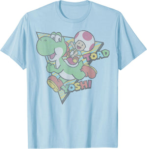 Super Mario Toad & Yoshi Vintage Nintendo Game Portrait T-Shirt - T-Shirt | Light Blue