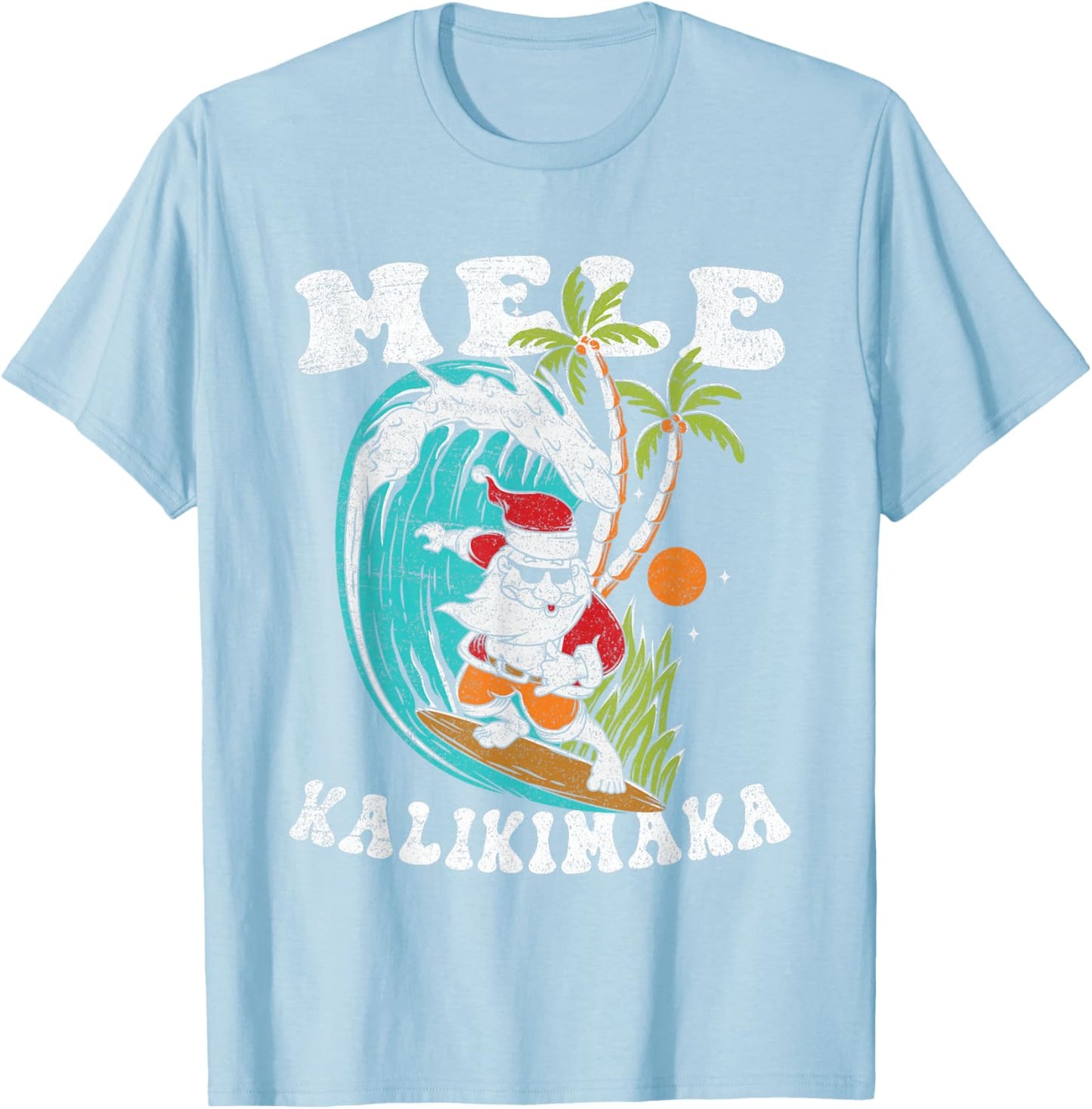 Retro Mele Kalikimaka Surfing Santa Hawaii Christmas T-Shirt - T-Shirt | Light Blue
