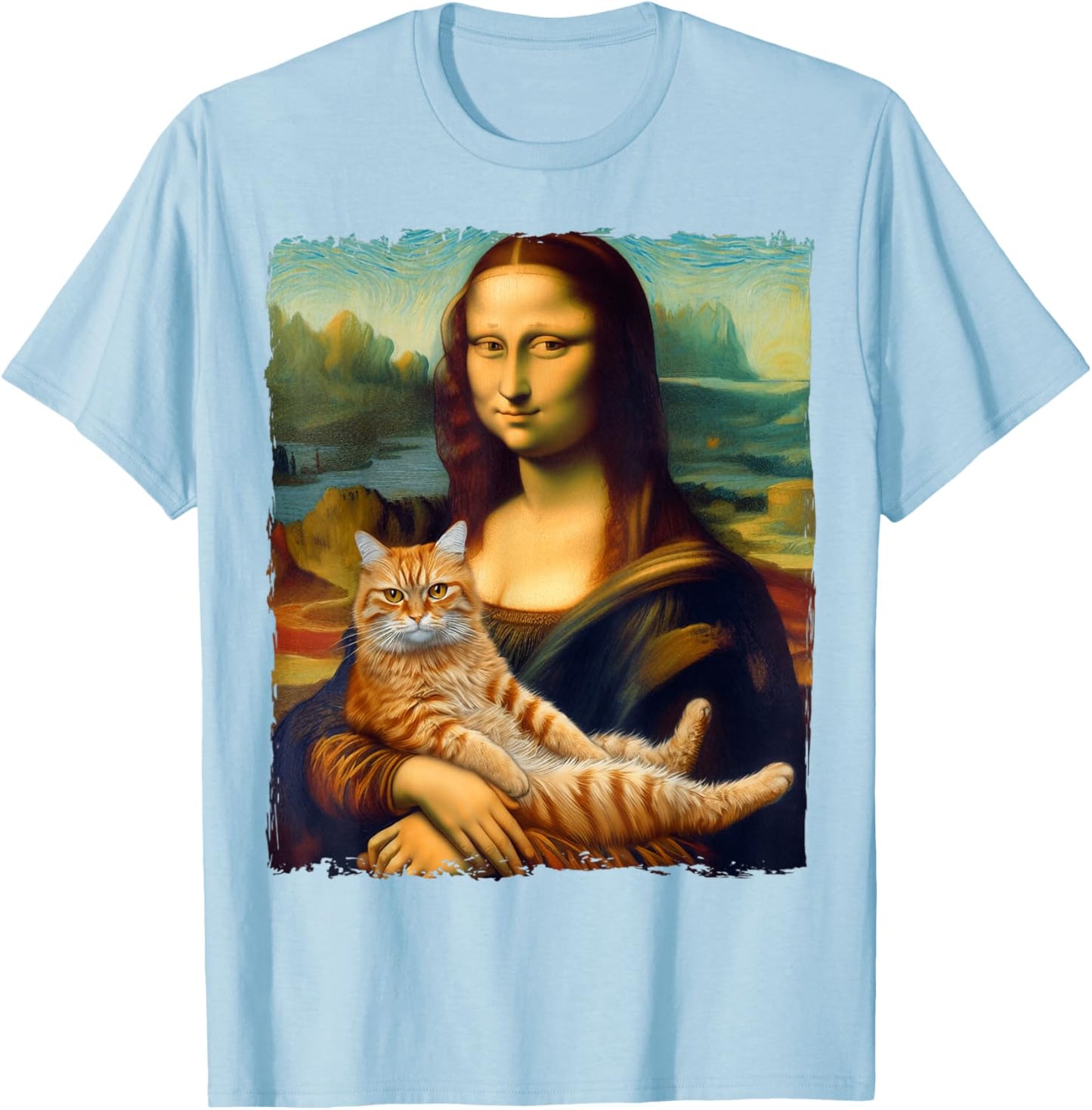 Mona Lisa Holding Cat Portrait Art Painting Kitty Cat Mom T-Shirt - T-Shirt | Light Blue