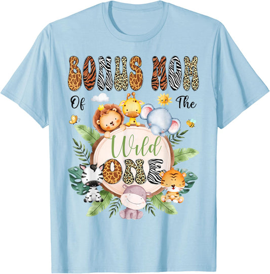 Bonus Mom Of The Wild One 1St Birthday Safari Animal Lover T-Shirt - T-Shirt | Light Blue