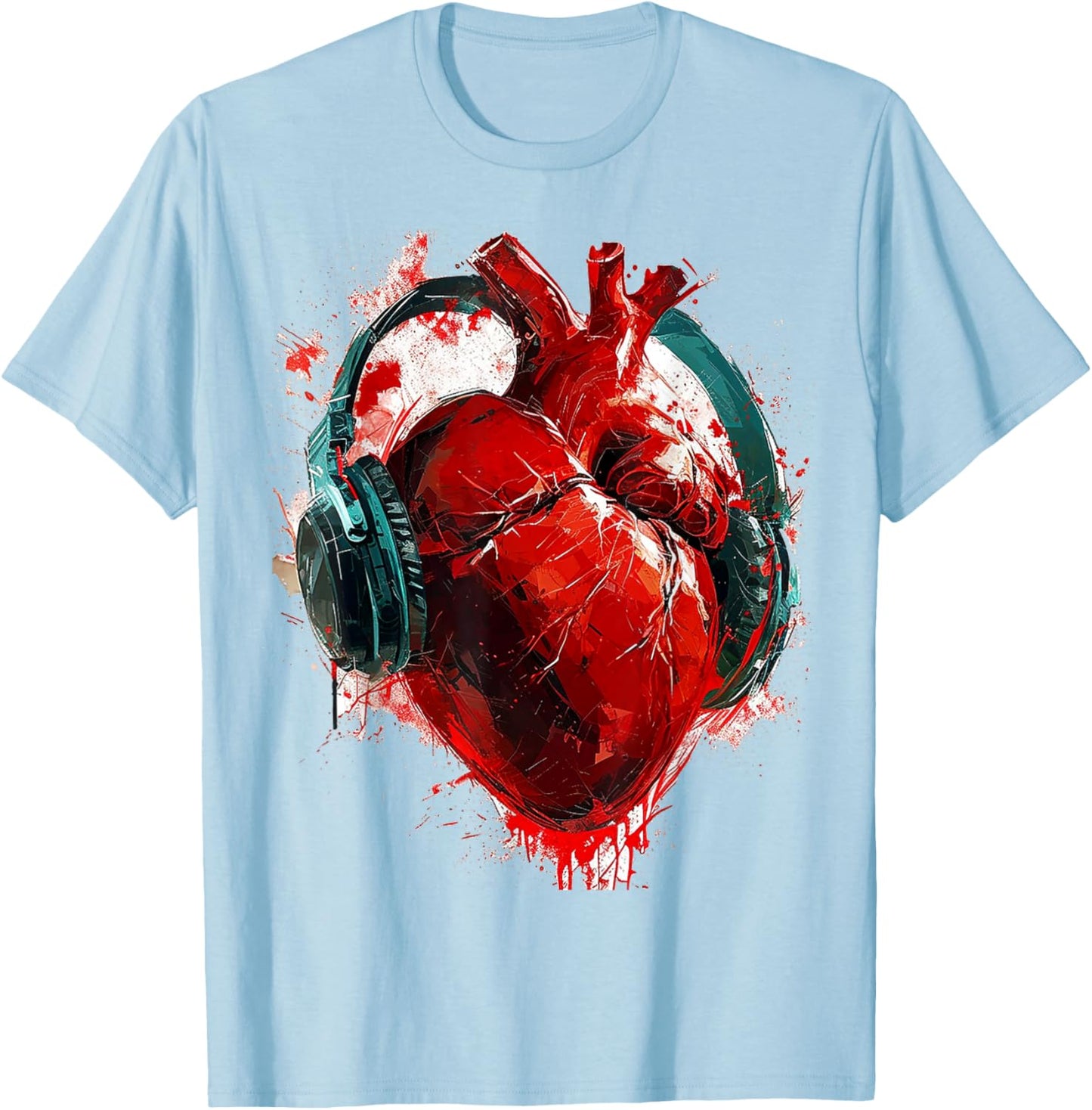 @rtY Heart Painting Headphone Art Abstract Graphic Heart , Small, White T-Shirt - T-Shirt | Light Blue
