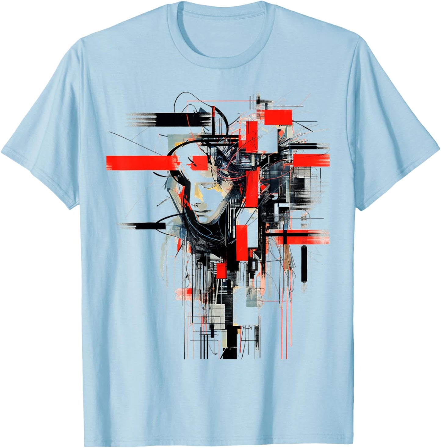 Men Abstract Art Geometric Human Face Drawing Graphic Men T-Shirt - T-Shirt | Light Blue